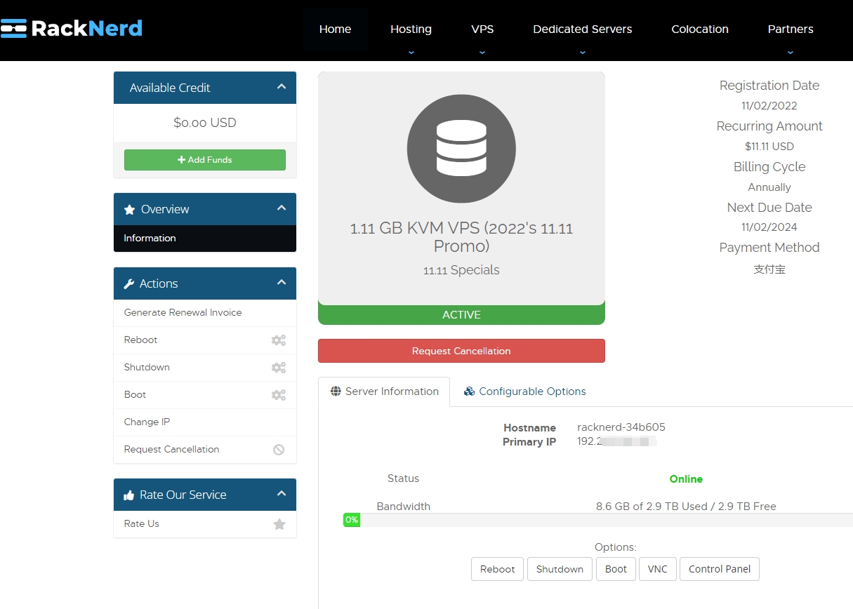 Racknerd 1.11 GB KVM VPS 1